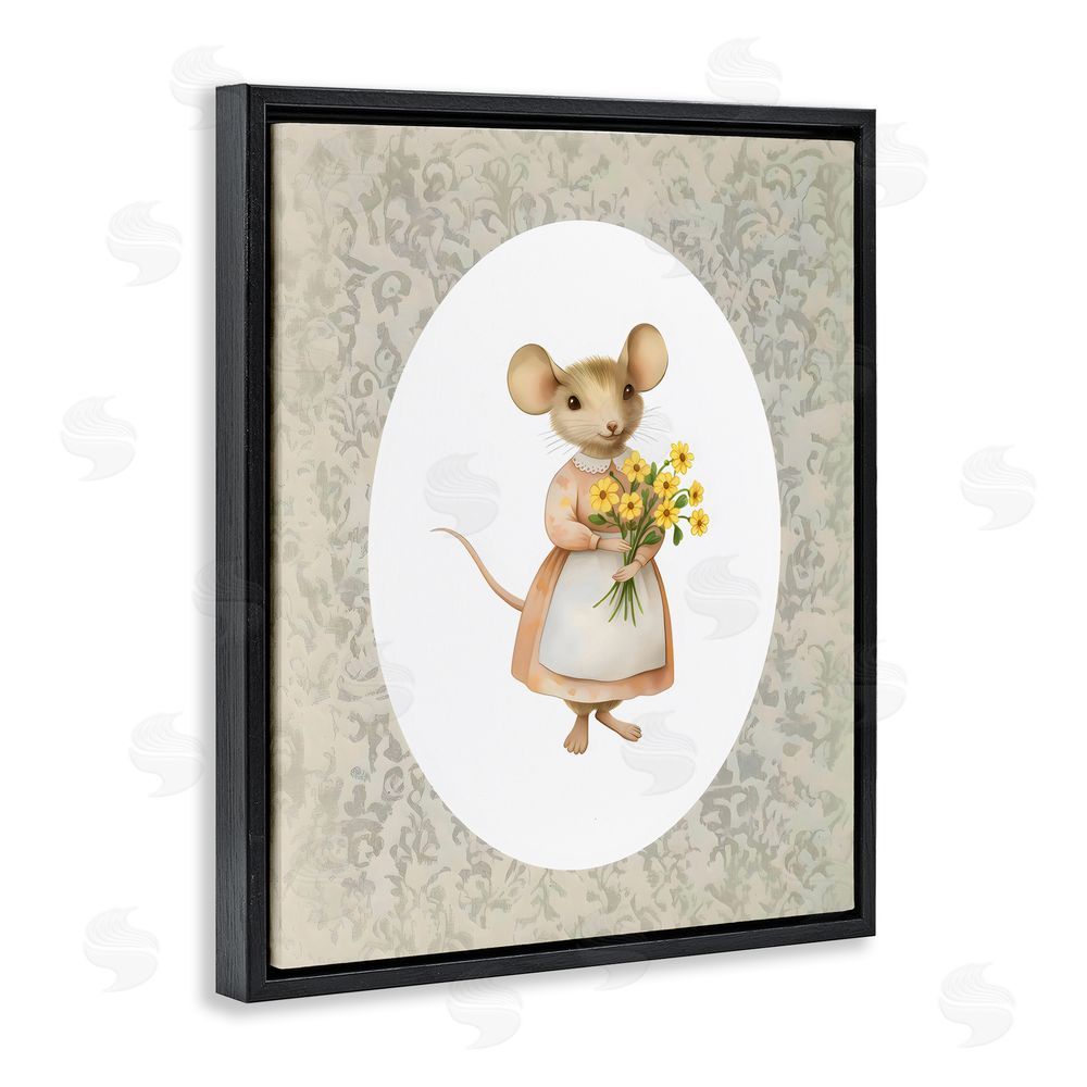 Arlington Prints Little Mouse with Flowers Black Floating Frame Canvas Wall Art