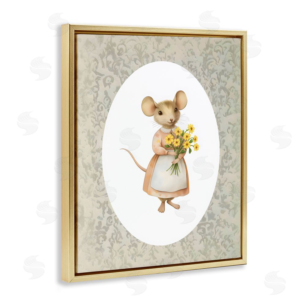 Arlington Prints Little Mouse with Flowers Gold Floating Frame Canvas Wall Art