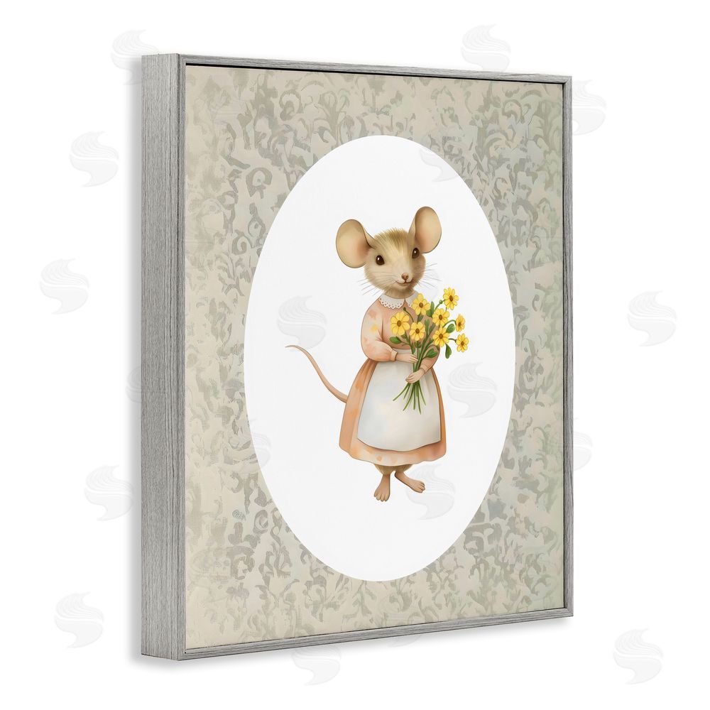 Arlington Prints Little Mouse with Flowers Gray Framed Giclee Wall Art Print