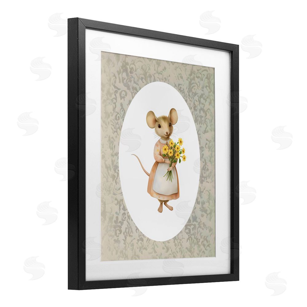 Arlington Prints Little Mouse with Flowers Black Framed Print Under Glass with Mat Wall Art