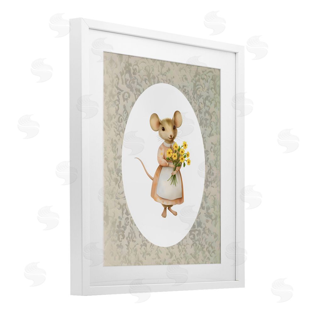 Arlington Prints Little Mouse with Flowers White Framed Print Under Glass with Mat Wall Art