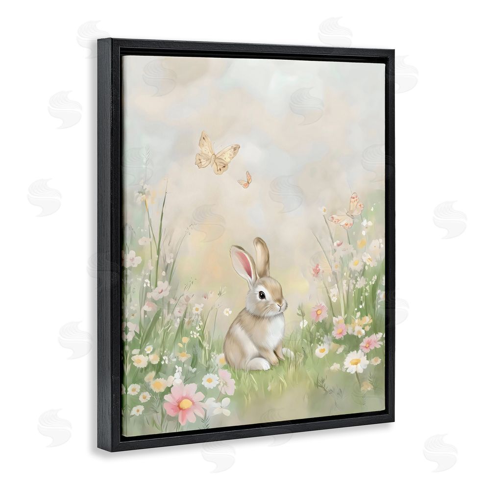 Arlington Prints Nursery Bunny in Meadow Black Floating Frame Canvas Wall Art Print