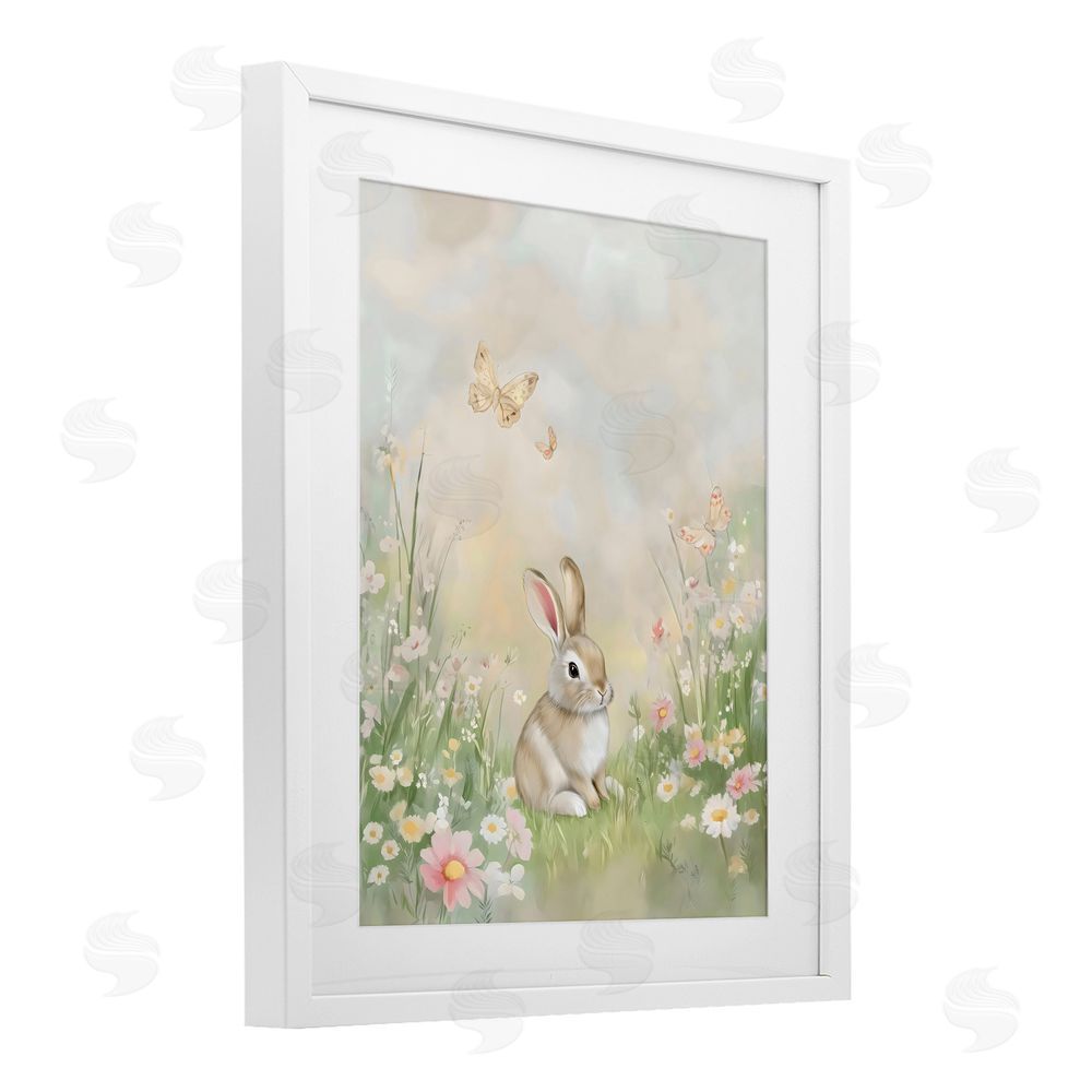 Arlington Prints Nursery Bunny in Meadow White Framed Print Under Glass Wall Art
