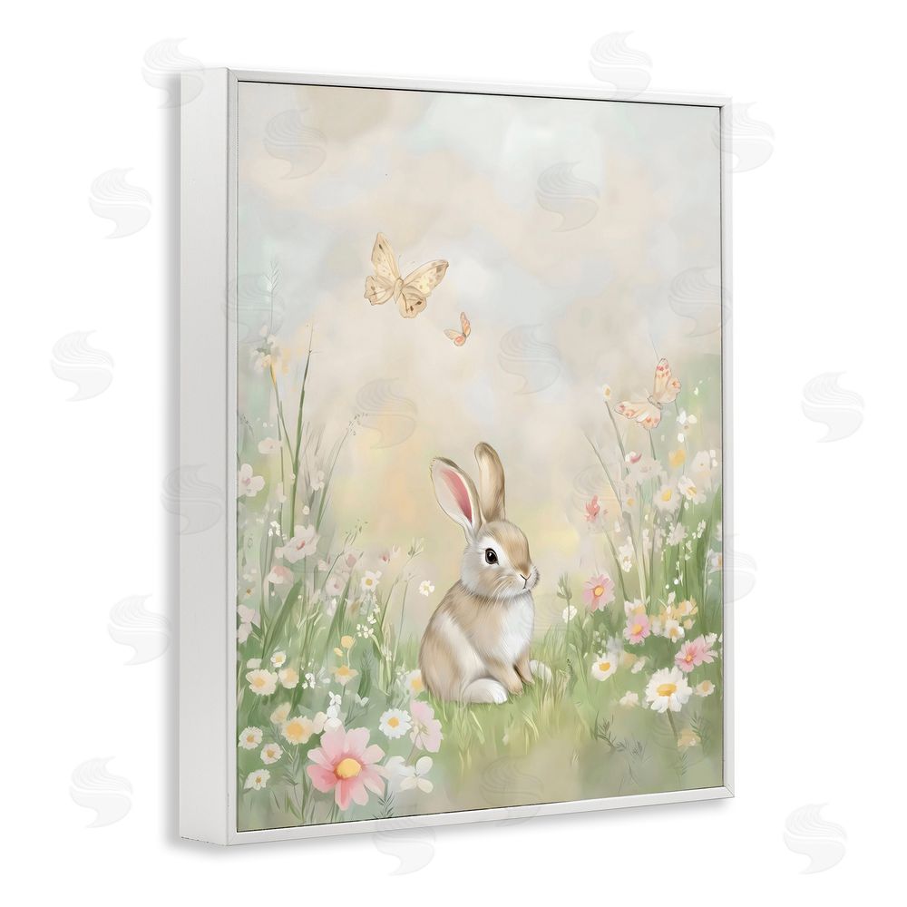 Arlington Prints Nursery Bunny in Meadow White Framed Giclee Wall Art Print