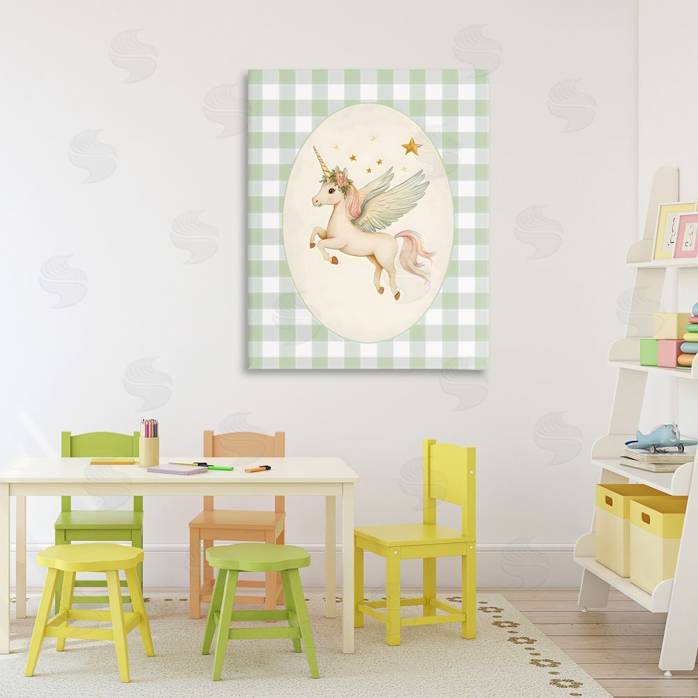 Arlington Prints Winged Unicorn over Green Gingham Stretched Canvas on Wall