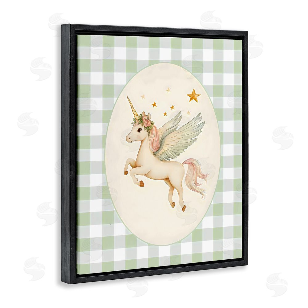 Arlington Prints Winged Unicorn over Green Gingham Black Floating Framed Canvas Wall Art Print