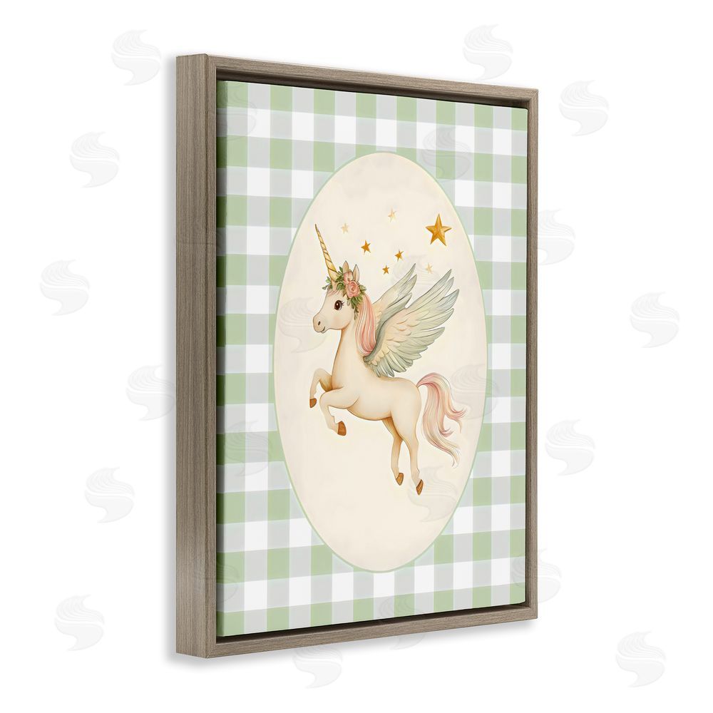 Arlington Prints Winged Unicorn over Green Gingham Brown Floating Framed Canvas Wall Art Print