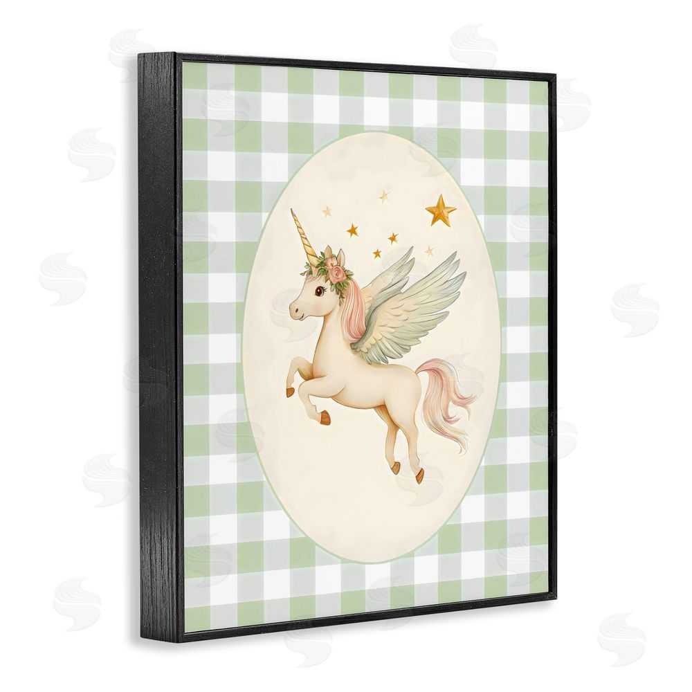 Arlington Prints Winged Unicorn over Green Gingham Black Framed Giclee Wall Art Print