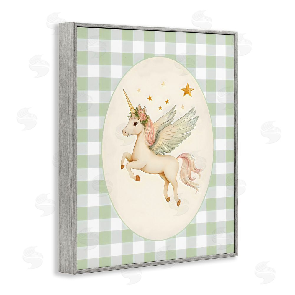 Arlington Prints Winged Unicorn over Green Gingham Gray Framed Giclee Wall Art Print