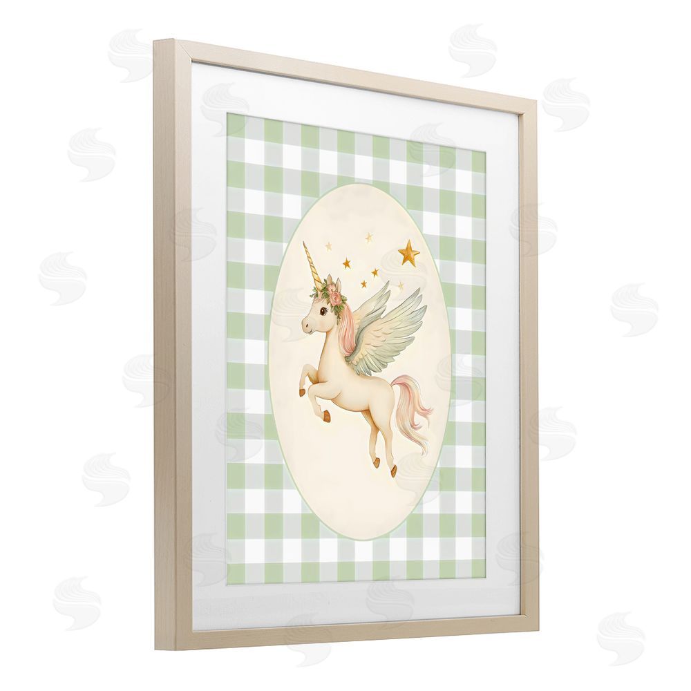 Arlington Prints Winged Unicorn over Green Gingham Brown Framed Print Under Glass with White Mat Wall Art