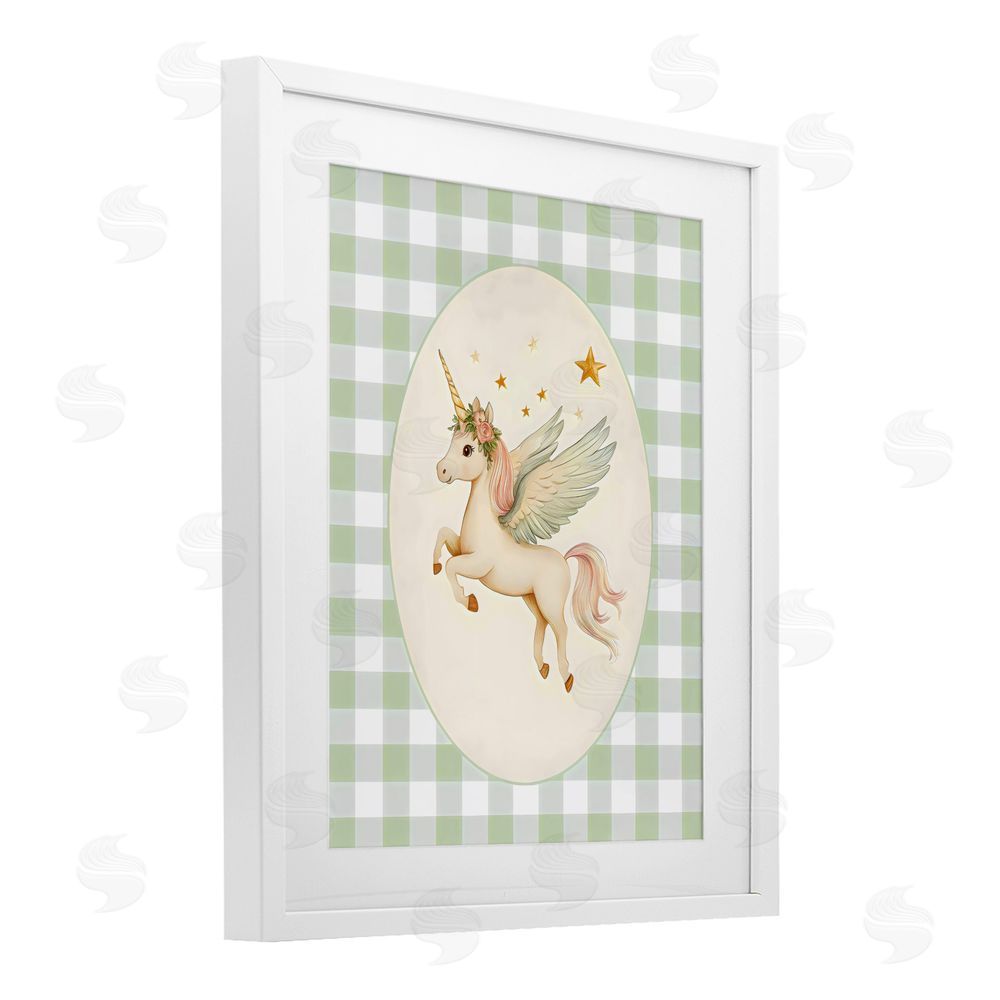Arlington Prints Winged Unicorn over Green Gingham White Framed Print Under Glass with White Mat Wall Art