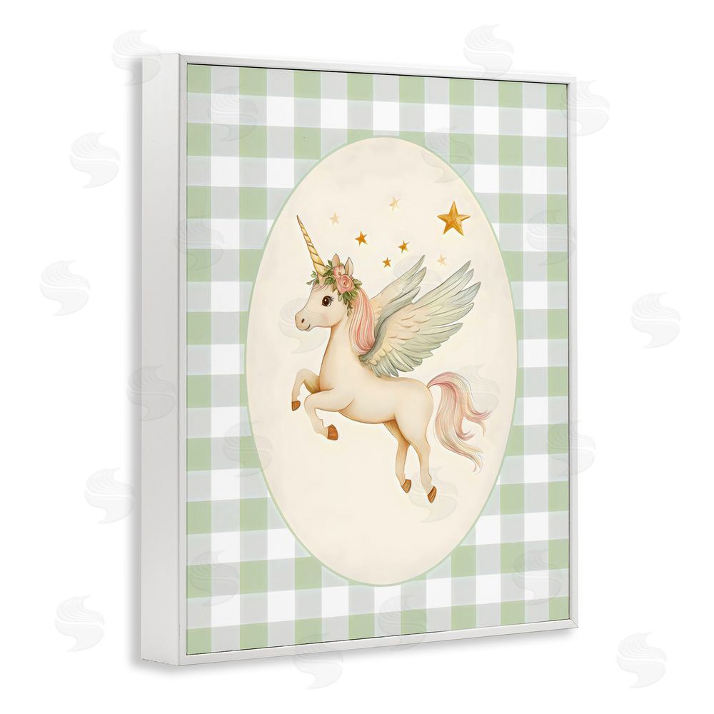 Arlington Prints Winged Unicorn over Green Gingham White Framed Giclee Wall Art Print