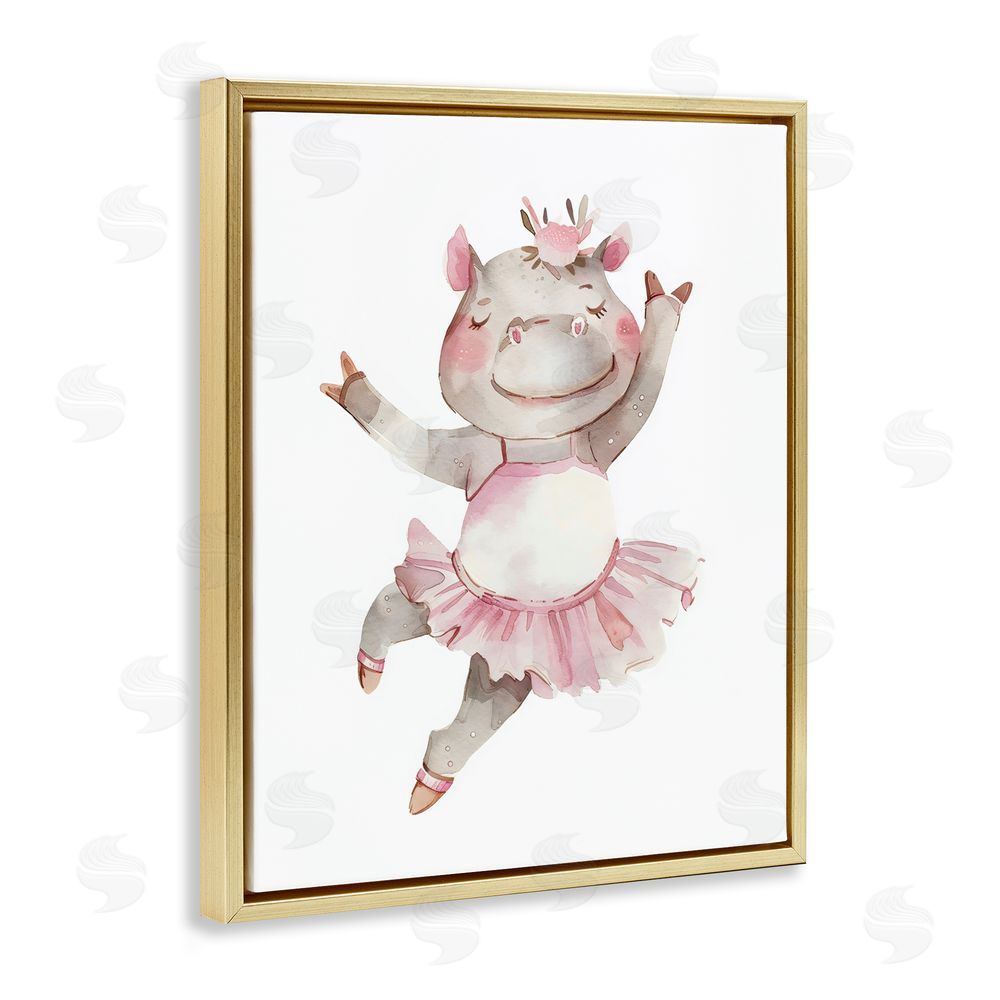 LSR Design Studio Ballerina Hippo in Tutu Gold Floating Frame Stretched Canvas Wall Art Print
