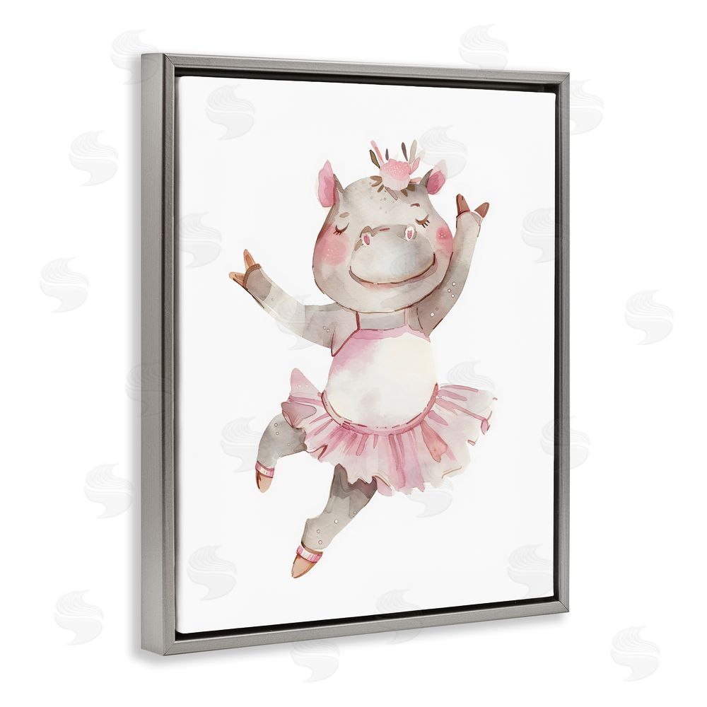 LSR Design Studio Ballerina Hippo in Tutu Gray Floating Frame Stretched Canvas Wall Art Print