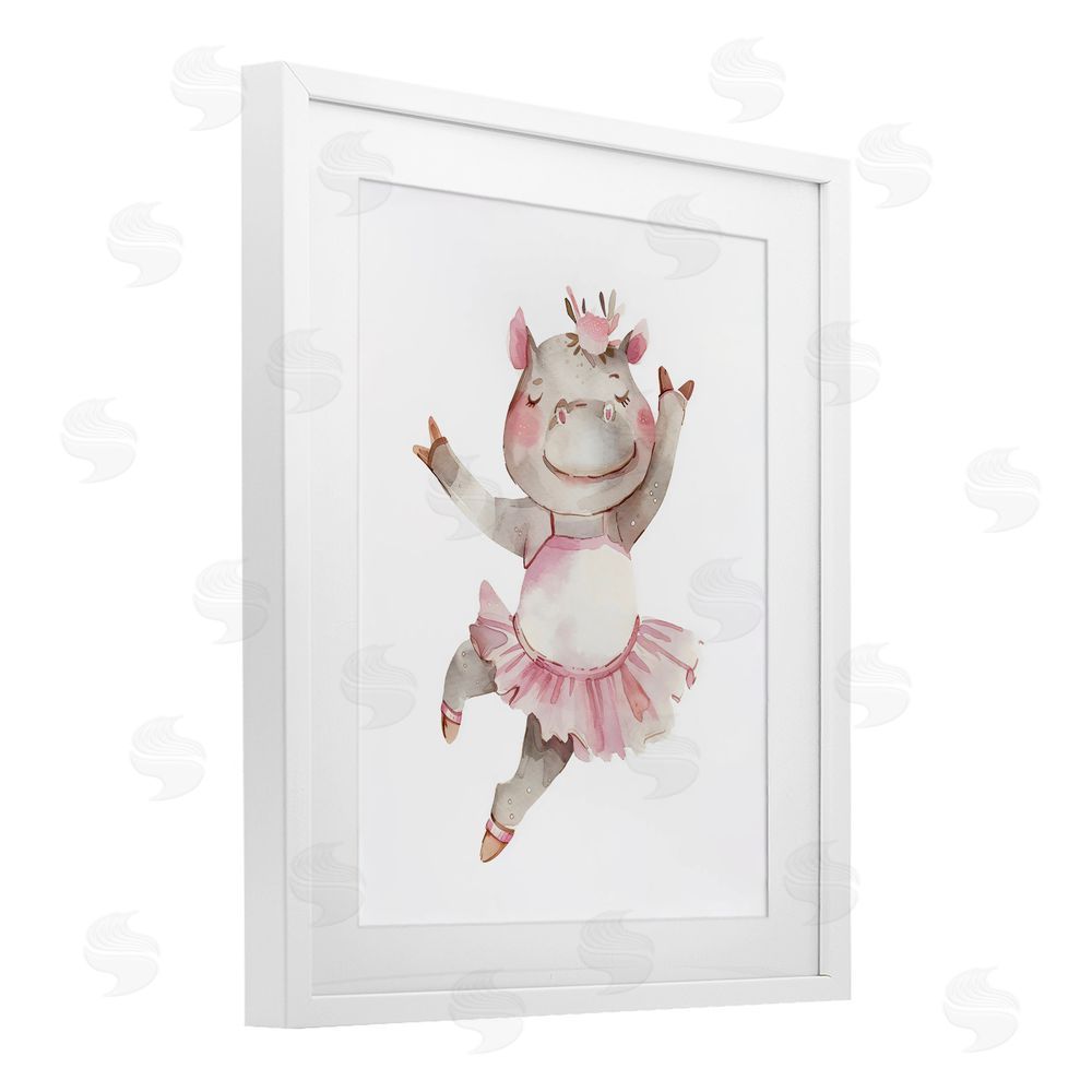 LSR Design Studio Ballerina Hippo in Tutu White Framed Print Under Glass with Matting Wall Art