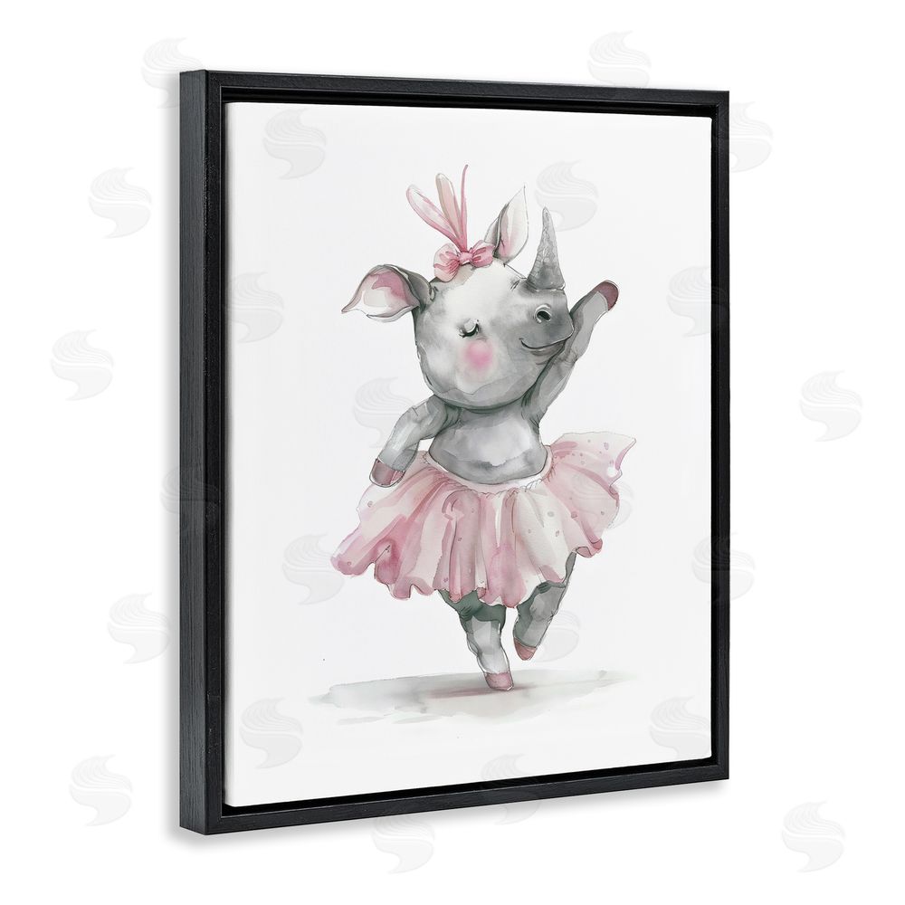 LSR Design Studio Ballerina Rhino in Pink Tutu Black Floating Frame Stretched Canvas Wall Art Print