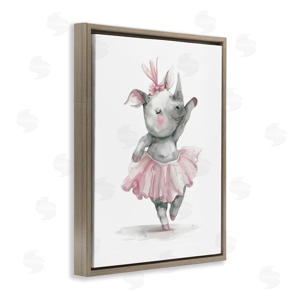 LSR Design Studio Ballerina Rhino in Pink Tutu Brown Floating Frame Stretched Canvas Wall Art Print