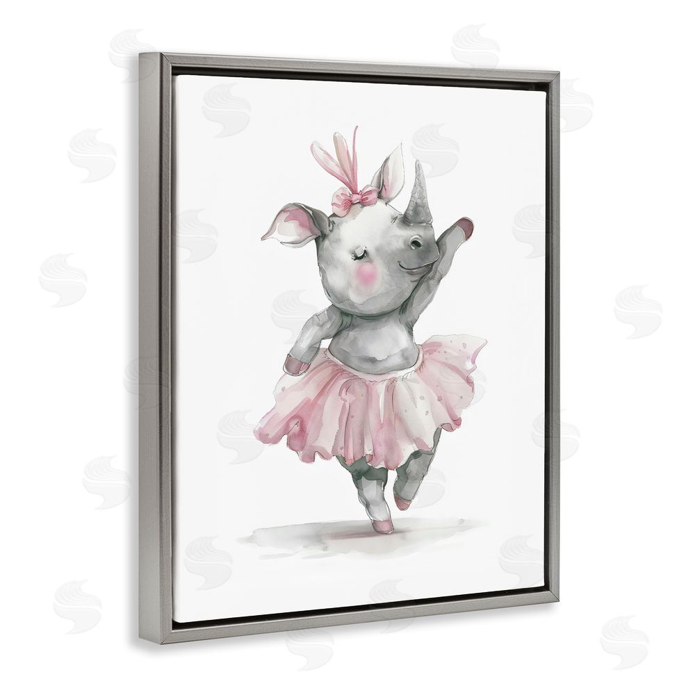 LSR Design Studio Ballerina Rhino in Pink Tutu Gray Floating Frame Stretched Canvas Wall Art Print