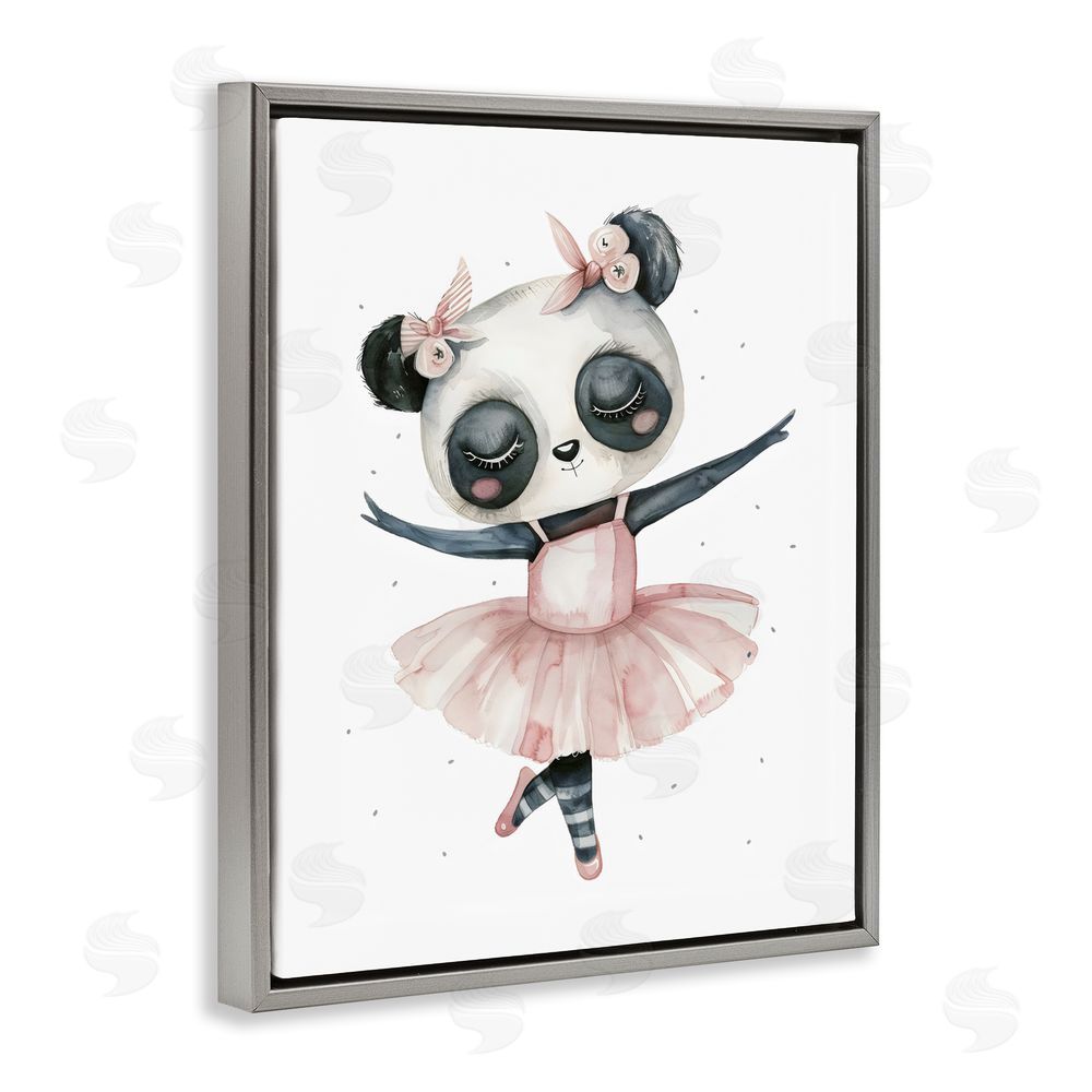 LSR Design Studio Ballerina Panda in Pink Tutu Gray Floating Frame Stretched Canvas Wall Art Print