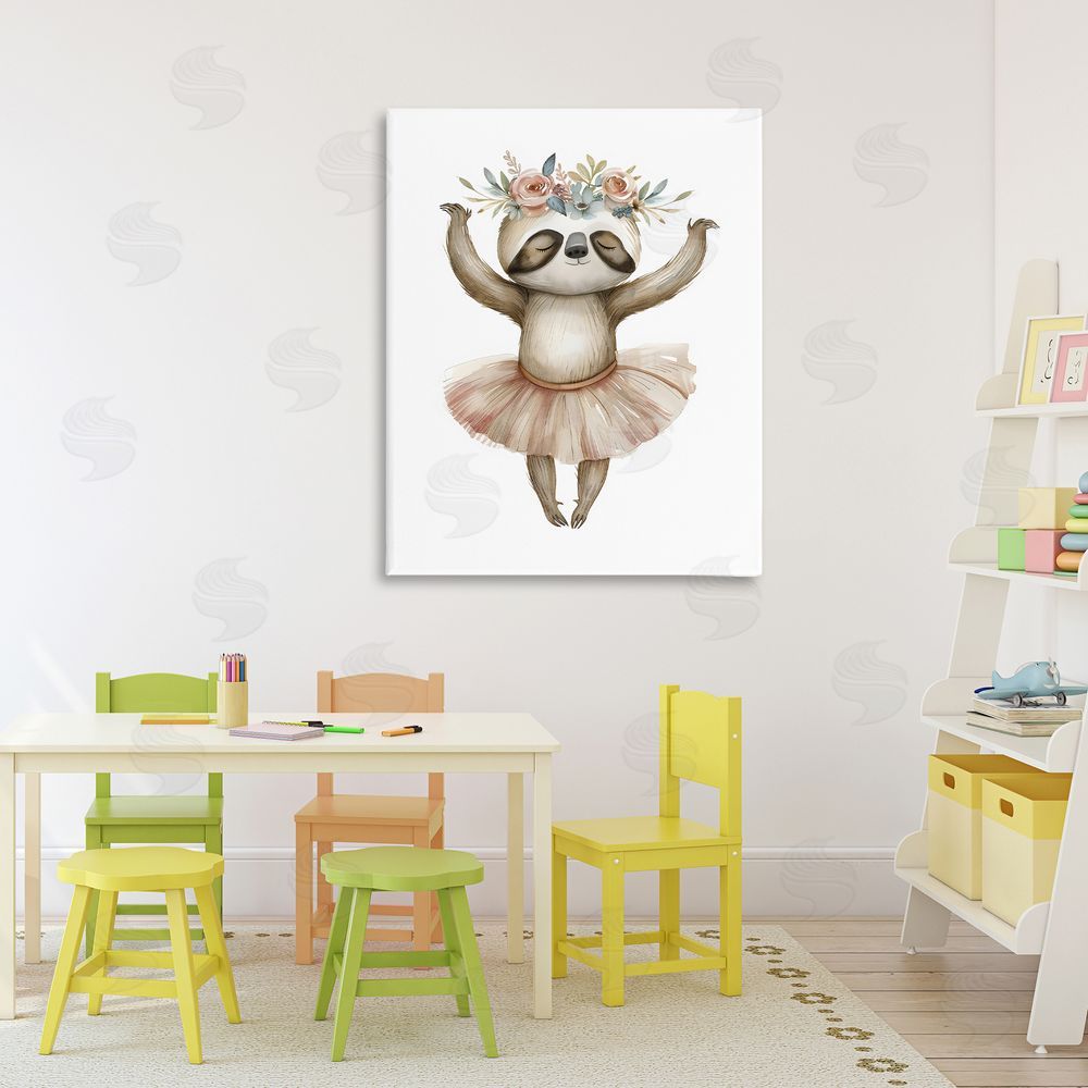 LSR Design Studio Dreamy Sloth Ballet with Flowers Stretched Canvas Wall Art in Room
