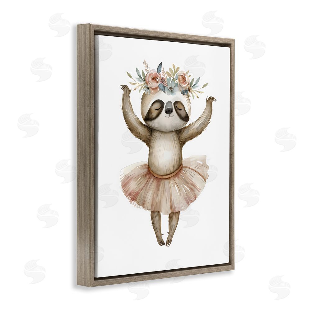 LSR Design Studio Dreamy Sloth Ballet with Flowers Brown Floating Frame Canvas Wall Art Print