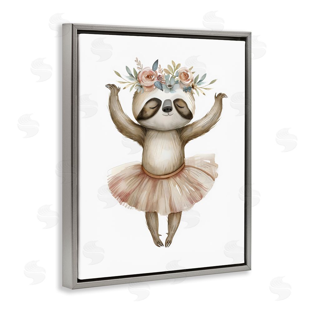 LSR Design Studio Dreamy Sloth Ballet with Flowers Gray Floating Frame Canvas Wall Art Print