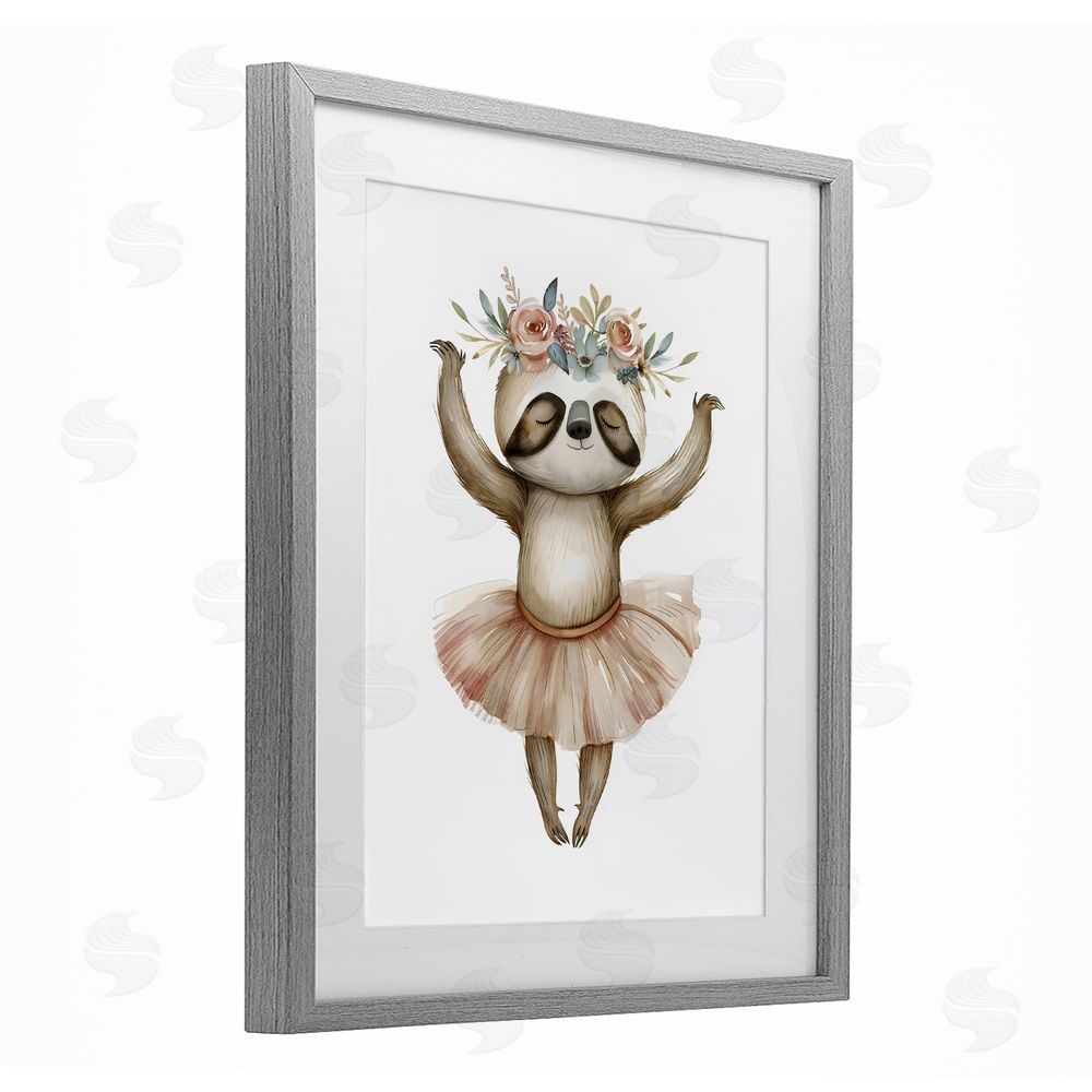 LSR Design Studio Dreamy Sloth Ballet with Flowers Gray Framed Print Under Glass Wall Art