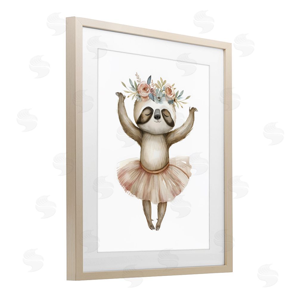 LSR Design Studio Dreamy Sloth Ballet with Flowers Brown Framed Print Under Glass Wall Art