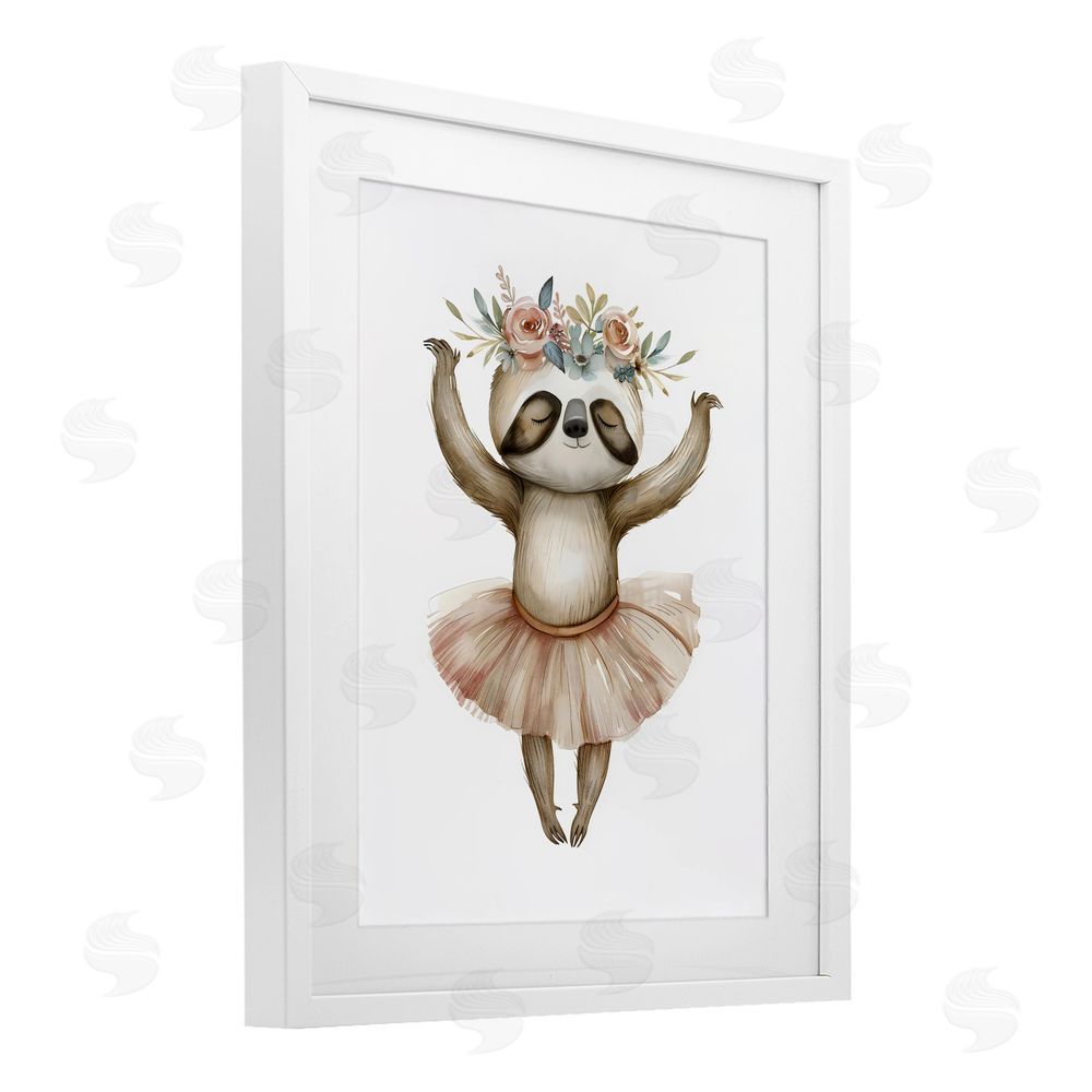 LSR Design Studio Dreamy Sloth Ballet with Flowers White Framed Print Under Glass Wall Art
