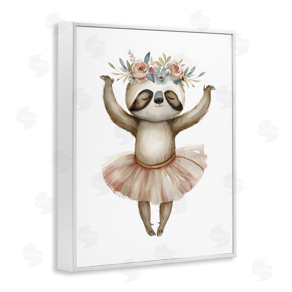 LSR Design Studio Dreamy Sloth Ballet with Flowers White Framed Giclee Wall Art Print