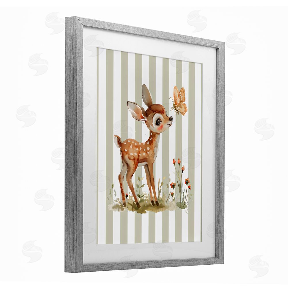 LSR Design Studio Baby Deer with Butterfly Gray Framed Print Under Glass Wall Art