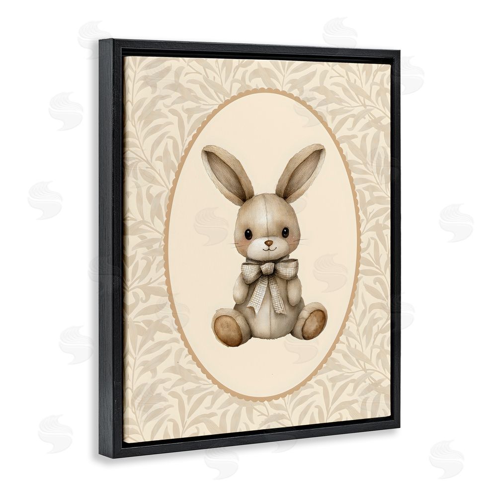 LSR Design Studio Neutral Bunny in Oval Border Black Floating Frame Canvas Wall Art Print