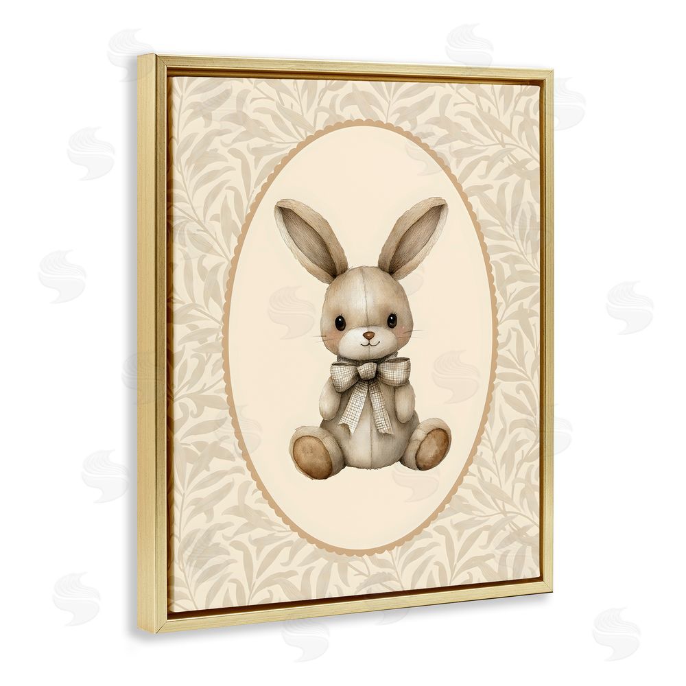 LSR Design Studio Neutral Bunny in Oval Border Gold Floating Frame Canvas Wall Art Print