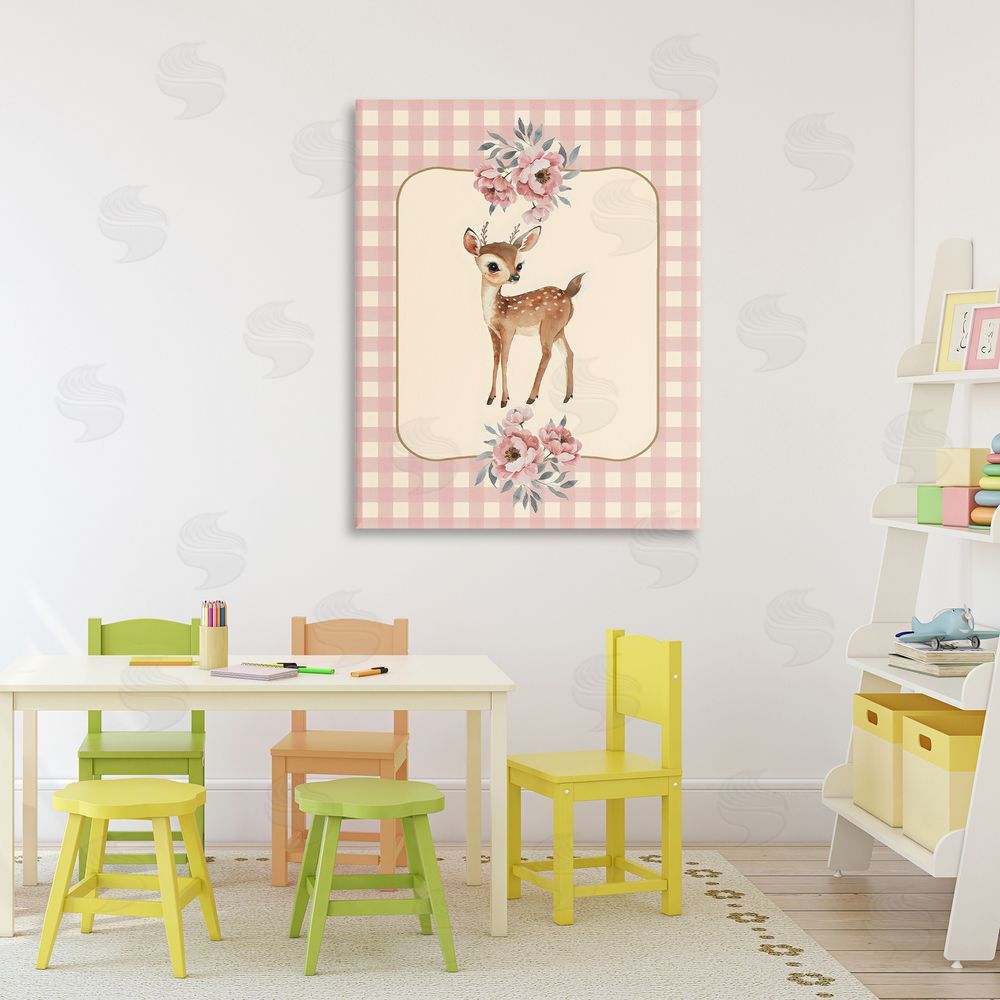 LSR Design Studio Baby Deer Pink Gingham Stretched Canvas Wall Art in Room