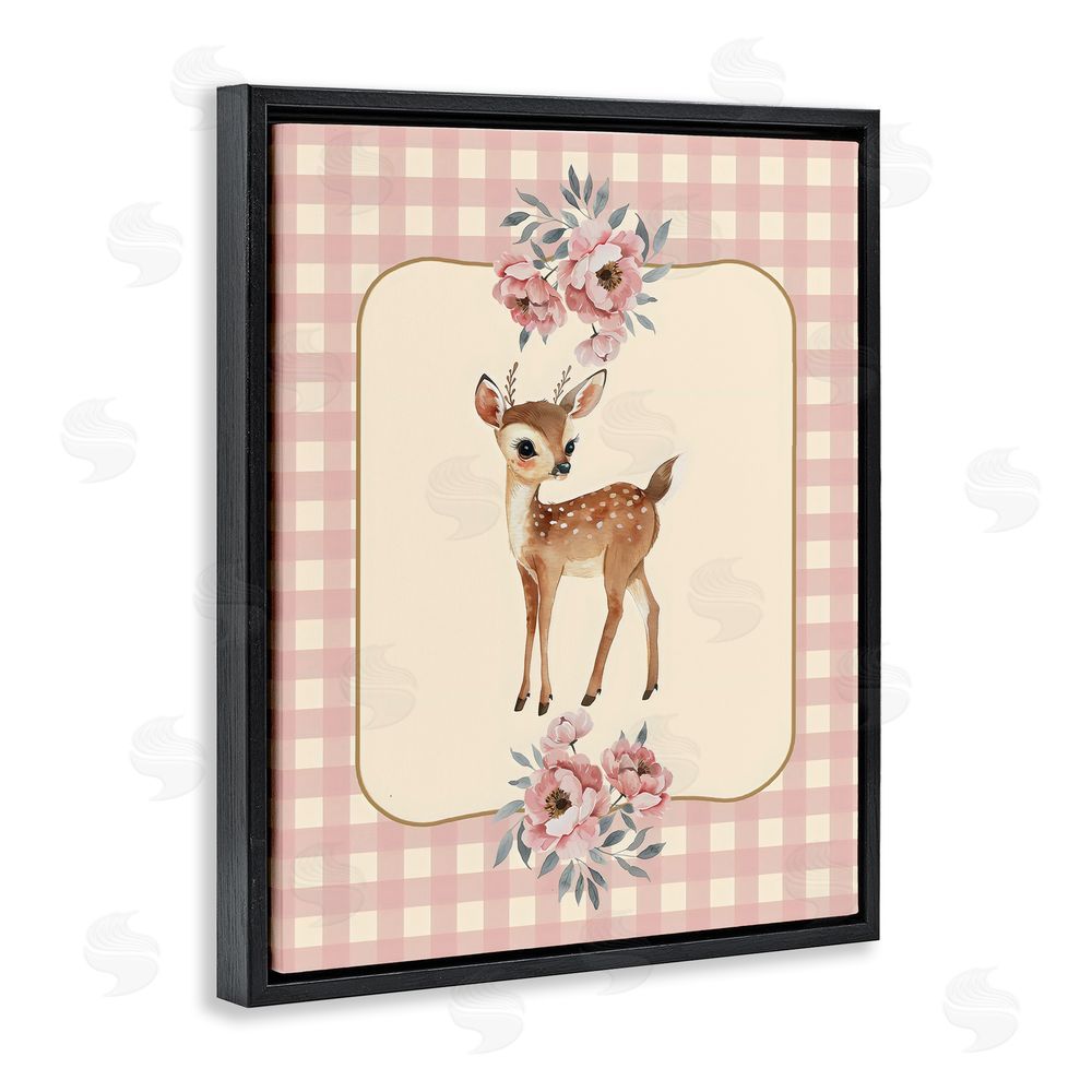 LSR Design Studio Baby Deer Pink Gingham Black Floating Frame Canvas Wall Art Print