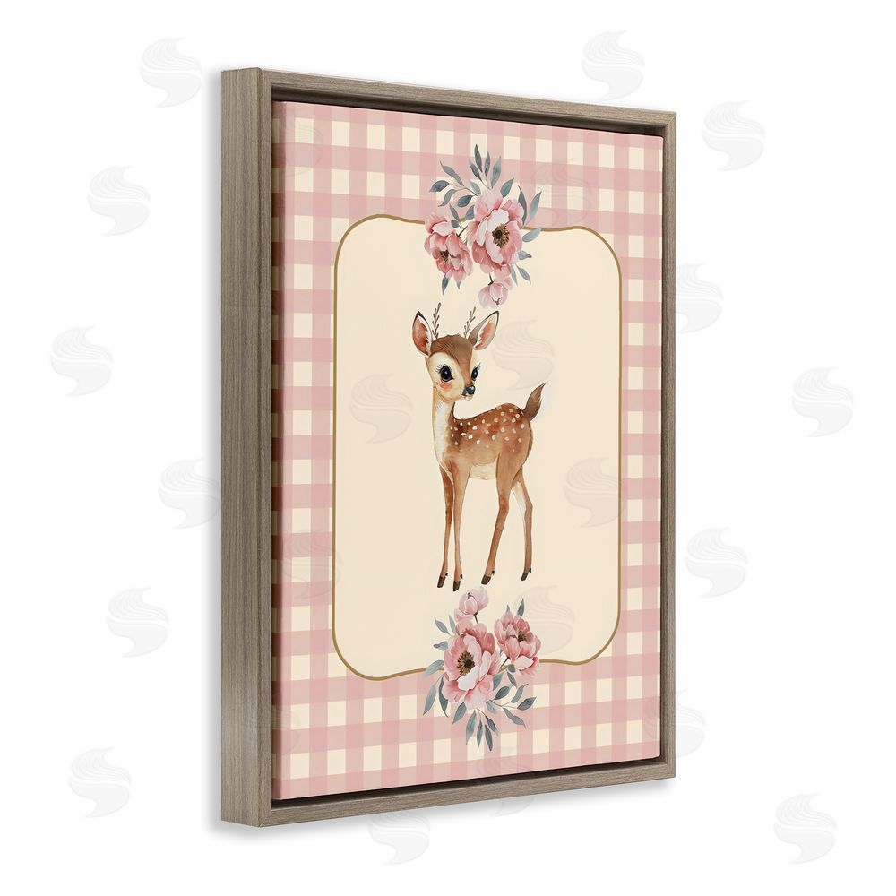 LSR Design Studio Baby Deer Pink Gingham Brown Floating Frame Canvas Wall Art Print