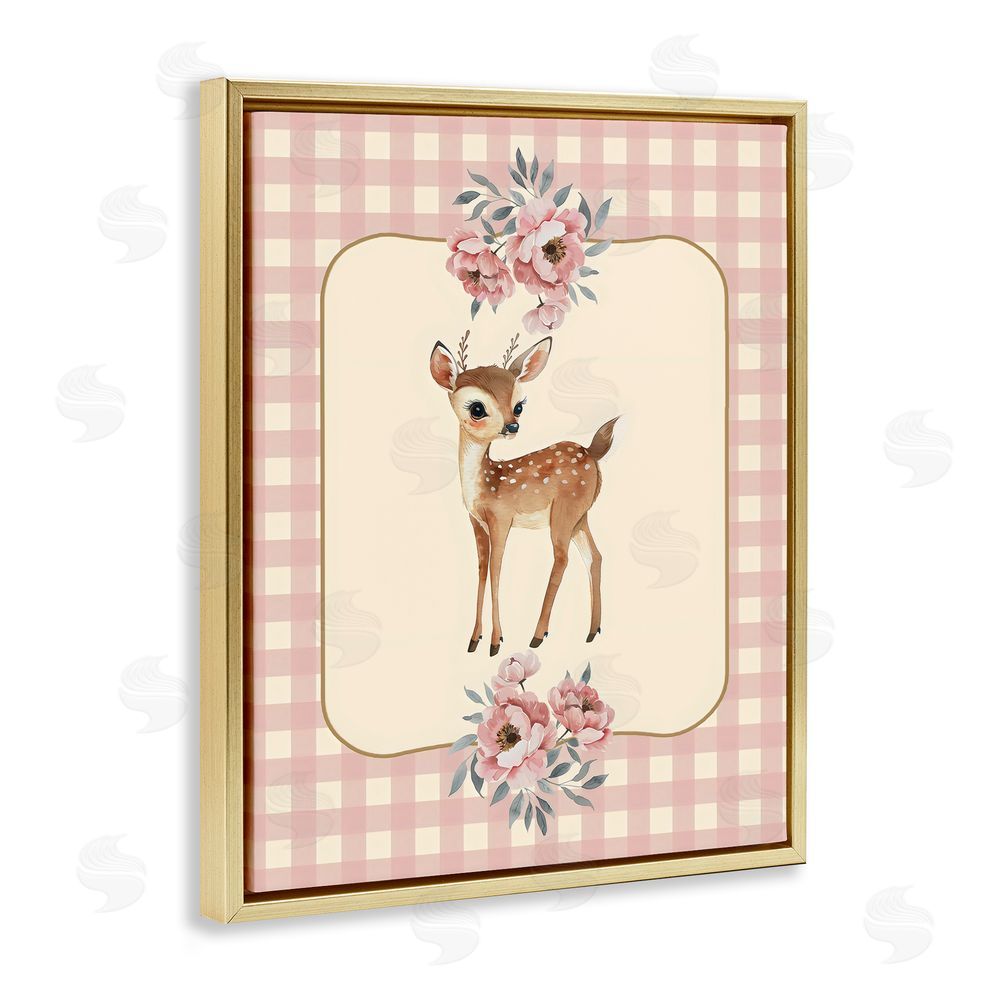 LSR Design Studio Baby Deer Pink Gingham Gold Floating Frame Canvas Wall Art Print