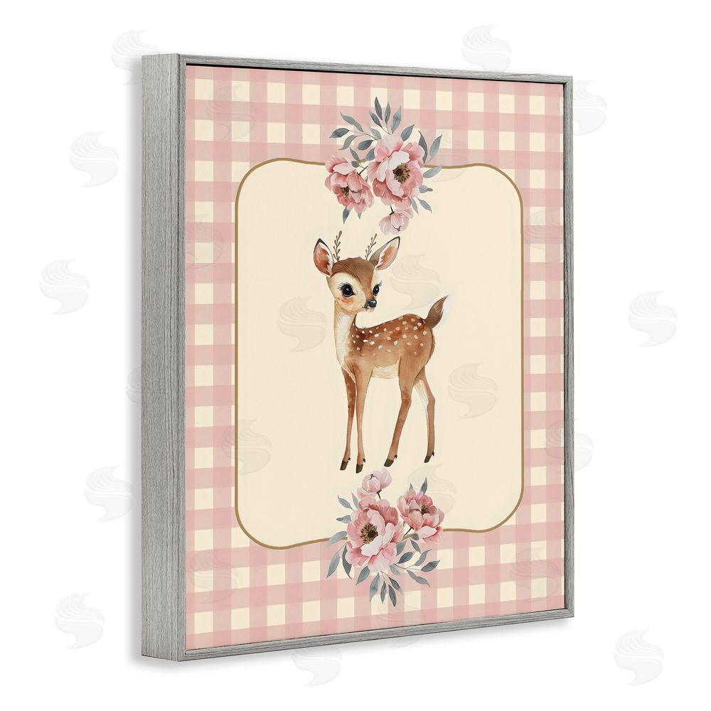 LSR Design Studio Baby Deer Pink Gingham Gray Framed Giclee Wall Art Print