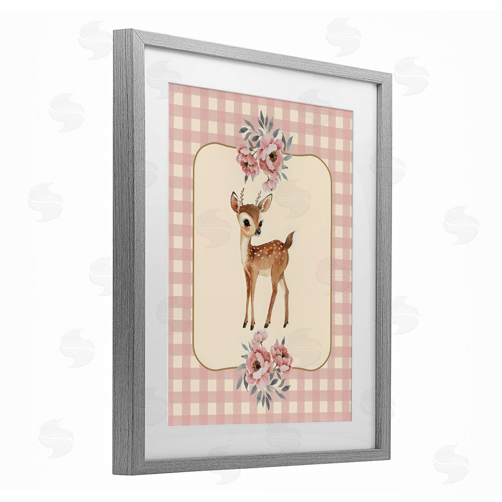 LSR Design Studio Baby Deer Pink Gingham Gray Framed Print Under Glass Wall Art