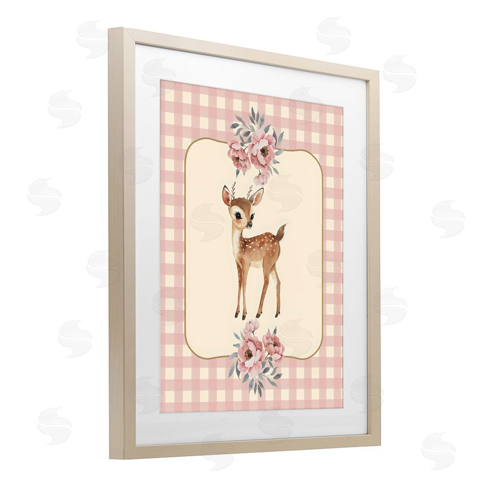 LSR Design Studio Baby Deer Pink Gingham Birch Framed Print Under Glass Wall Art