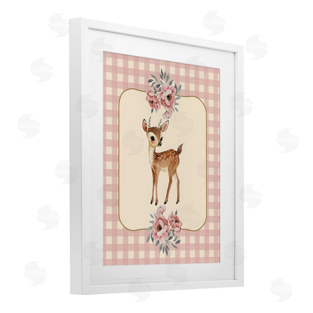 LSR Design Studio Baby Deer Pink Gingham White Framed Print Under Glass Wall Art