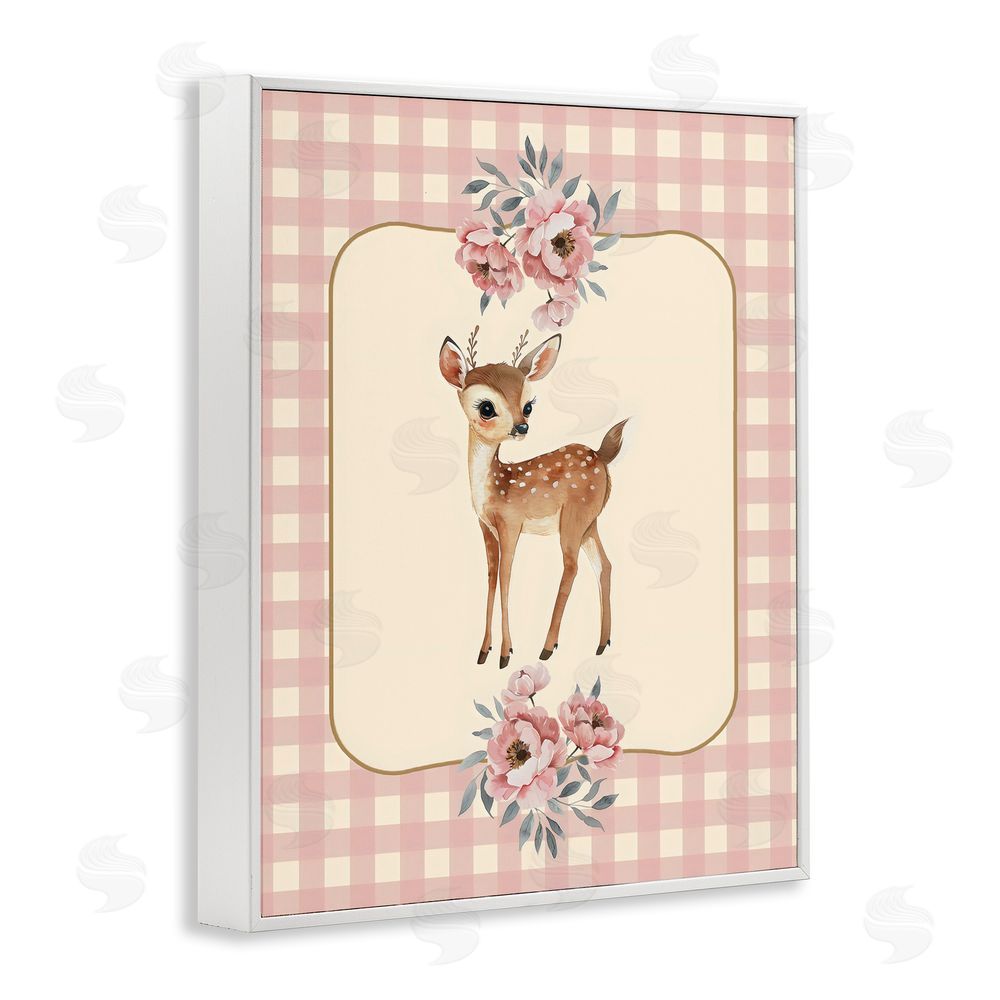 LSR Design Studio Baby Deer Pink Gingham White Framed Giclee Wall Art Print