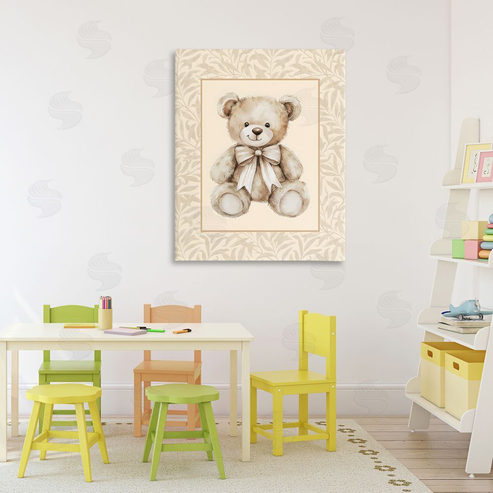 LSR Design Studio Beige Teddy Bear and Border Stretched Canvas Wall Art Print in Room