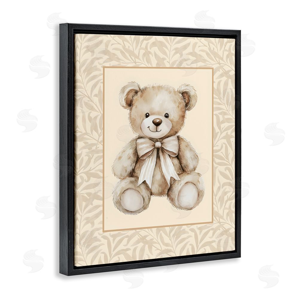 LSR Design Studio Beige Teddy Bear and Border Black Floating Frame Stretched Canvas Wall Art Print