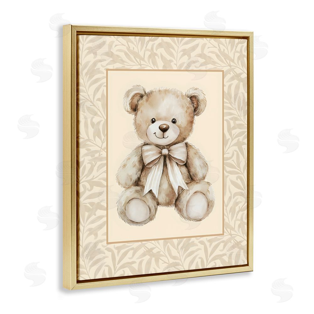 LSR Design Studio Beige Teddy Bear and Border Gold Floating Frame Stretched Canvas Wall Art Print