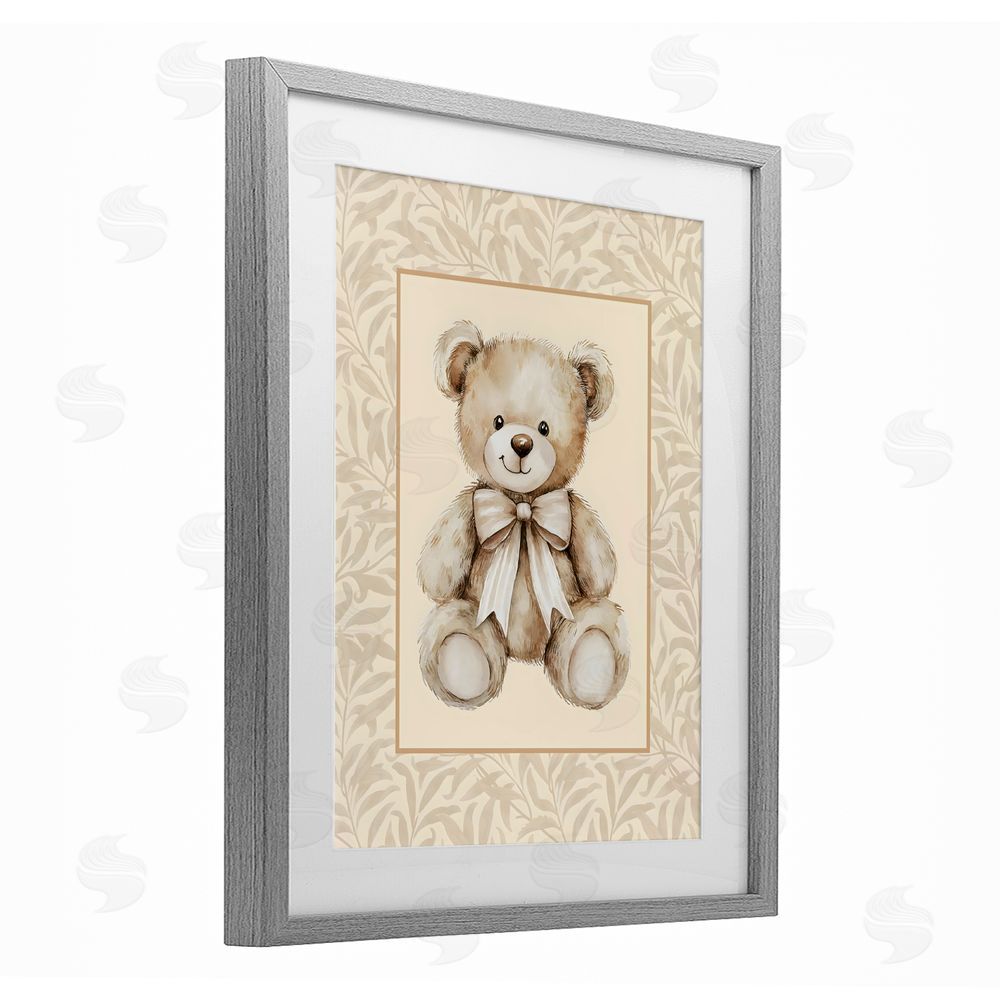 LSR Design Studio Beige Teddy Bear and Border Gray Framed Print Under Glass with Matting Wall Art
