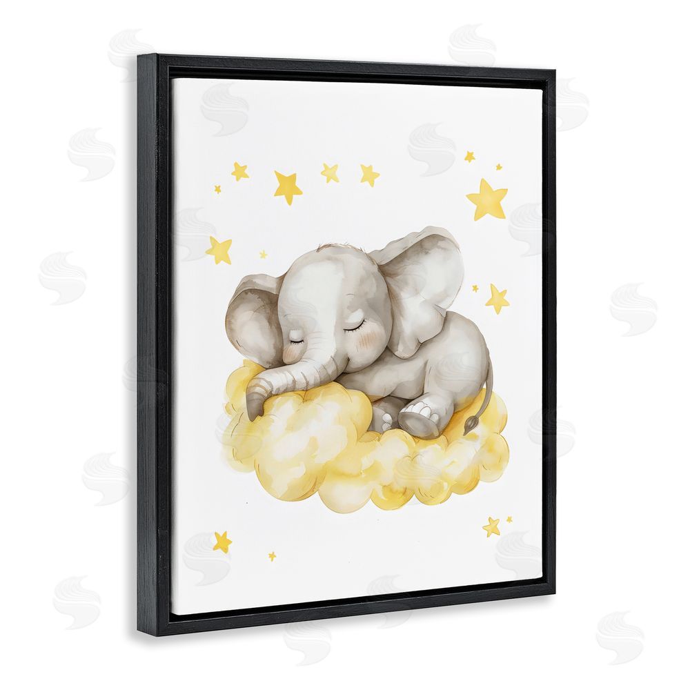 LSR Design Studio Sleeping Elephant on Yellow Cloud Black Floating Framed Canvas Wall Art Print
