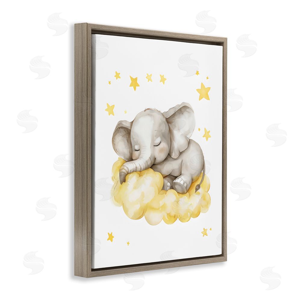 LSR Design Studio Sleeping Elephant on Yellow Cloud Brown Floating Framed Canvas Wall Art Print