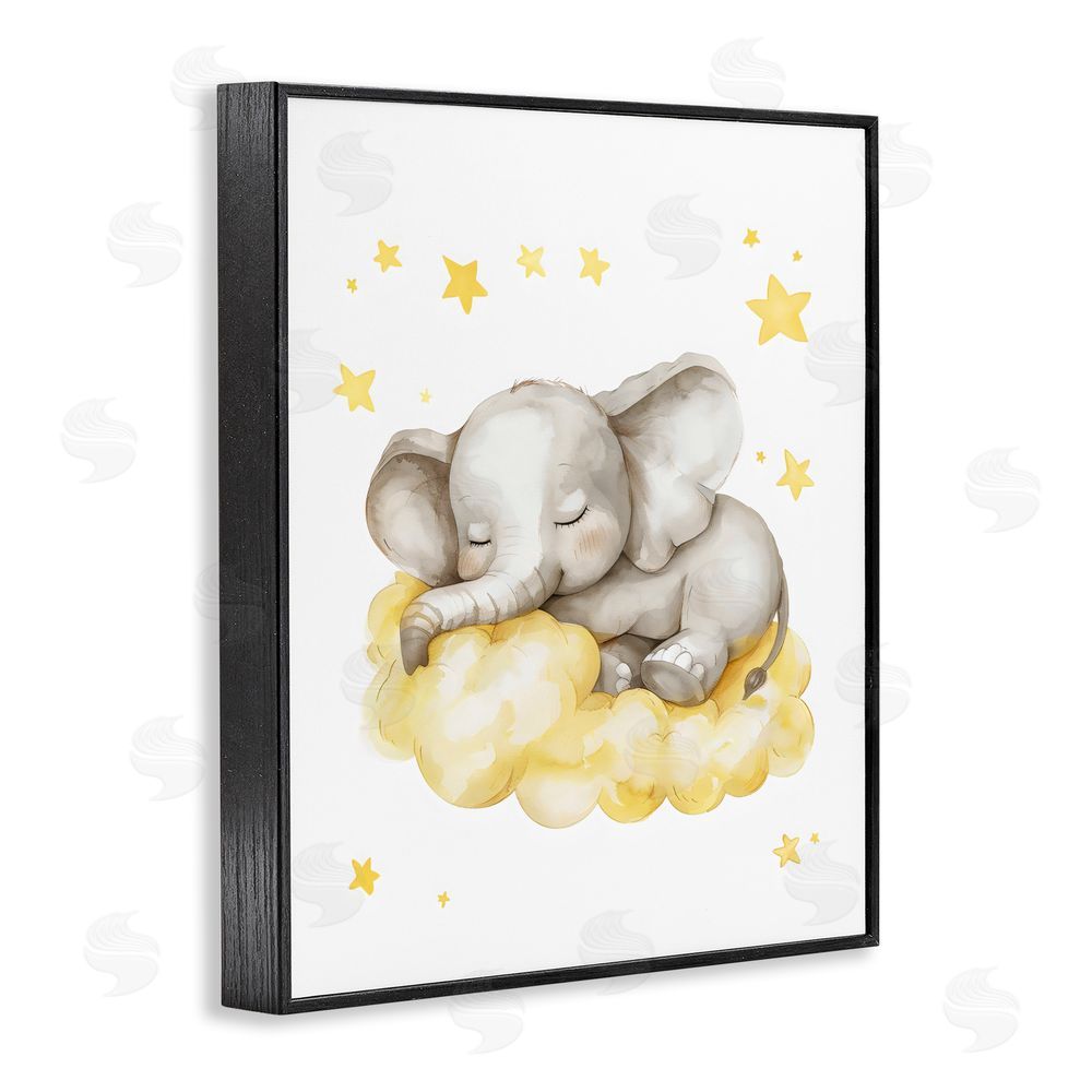 LSR Design Studio Sleeping Elephant on Yellow Cloud Black Framed Giclee Wall Art Print
