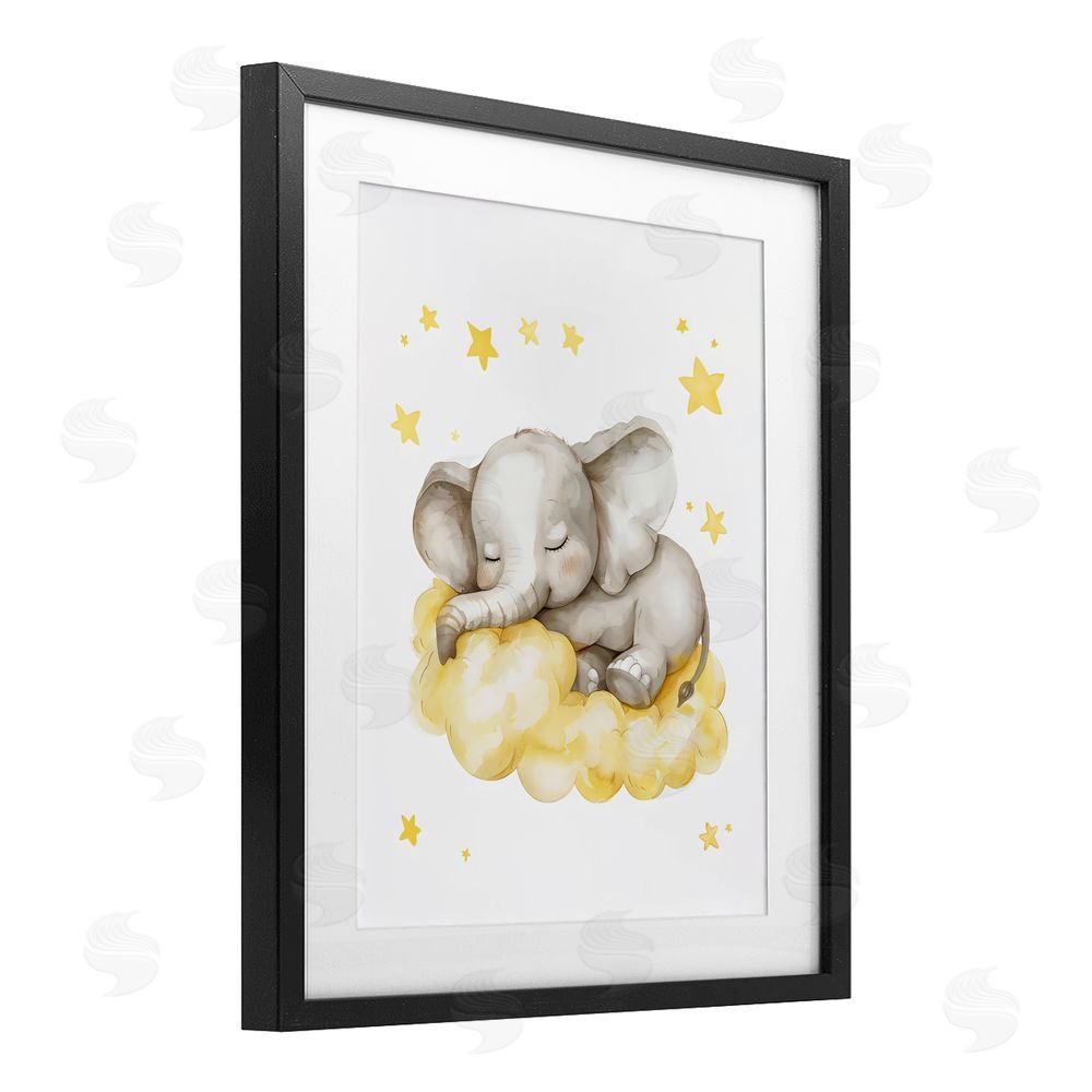 LSR Design Studio Sleeping Elephant on Yellow Cloud Black Framed Print Under Glass with White Mat Wall Art